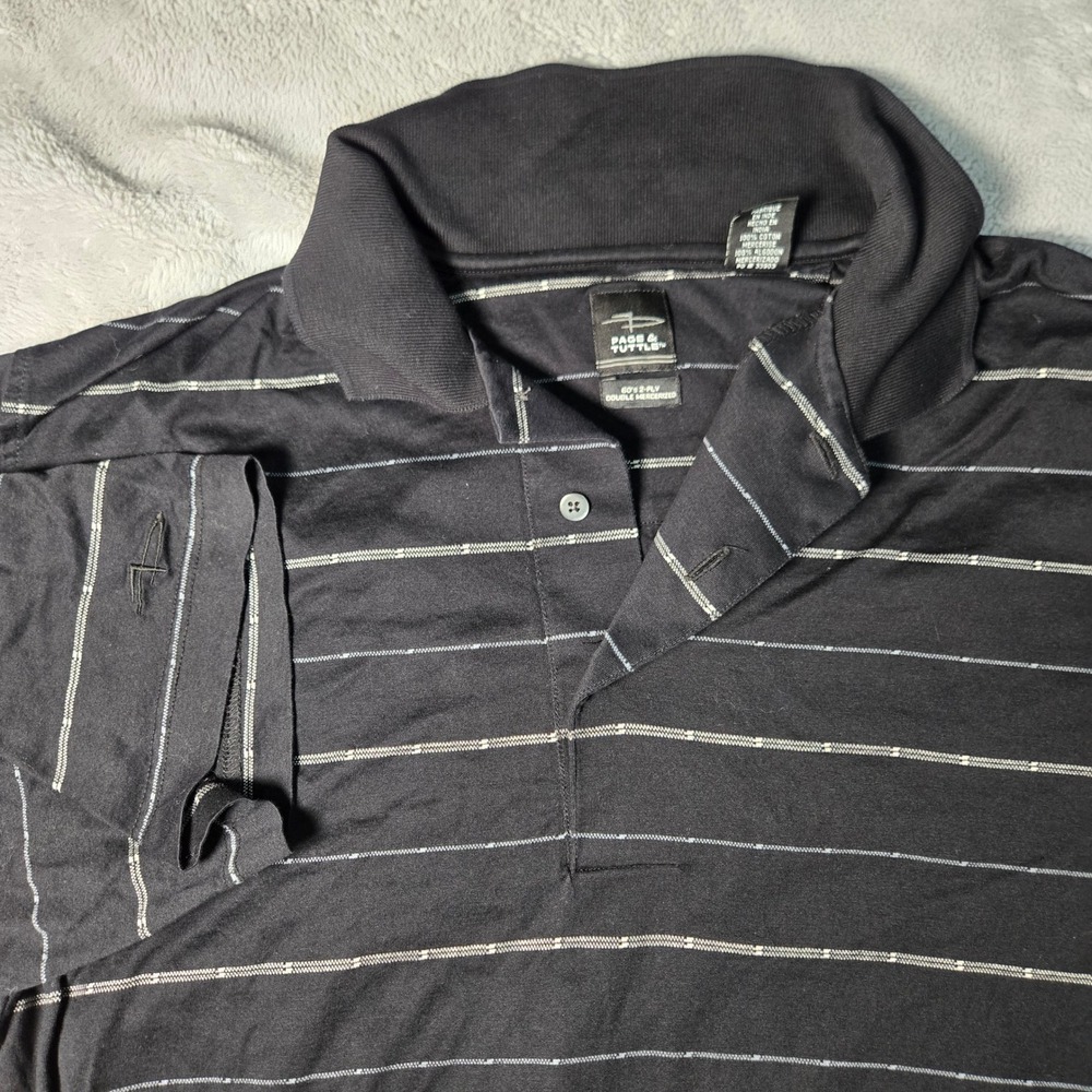 Page & Tuttle Mens Black Striped Polo Shirt Large 60s 2-Ply Mercerized Cotton